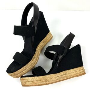 TORY BURCH Solid Black Two Band Canvas Espadrille Wedge Platform Sandals Sz 10.5